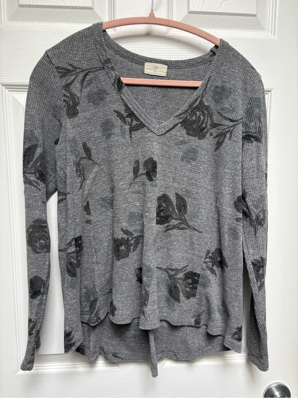 Anthropologie Gray Floral V-Neck Long Sleeve Top